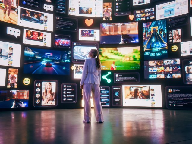 Backview,Of,Caucasian,Woman,Connecting,To,Animated,Stream,Of,Content.